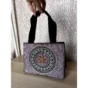 Vintage Beaded Velvet Boho Eclectic Black Purple Mini Tote Handbag